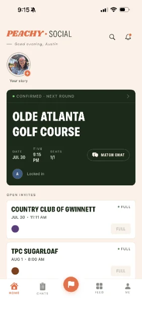 Peachy app home screen showing an upcoming round at Olde Atlanta Golf Course and open invites